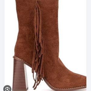 NWT Women's Cognac Aarya Booties Size 10 Suede Boots FRINGE and BLOCK HEEL